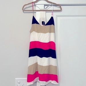 Light summer dress, blue/pink/tan/white striped, size L